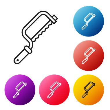 Siyah Hacksaw simgesi beyaz arkaplanda izole edildi. Tahta ve metal testeresi. Renkli daire düğmelerini ayarlayın. Vektör İllüstrasyonu