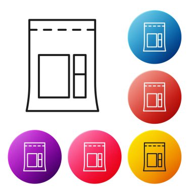 Siyah çizgili çimento torbası simgesi beyaz arkaplanda izole edilmiş. Renkli daire düğmelerini ayarlayın. Vektör İllüstrasyonu