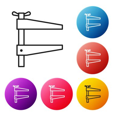 Siyah çizgi klemp aracı simgesi beyaz arkaplanda izole edildi. Çilingir aleti. Renkli daire düğmelerini ayarlayın. Vektör İllüstrasyonu