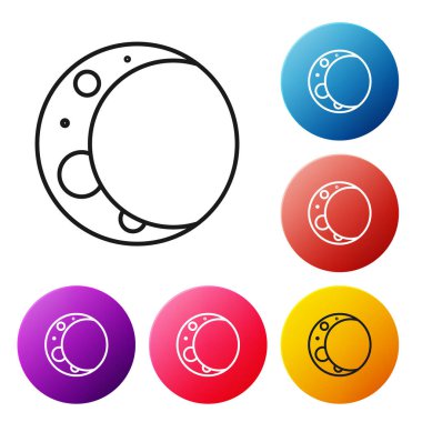 Beyaz arkaplanda siyah çizgi ay simgesi izole edildi. Renkli daire düğmelerini ayarlayın. Vektör İllüstrasyonu