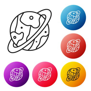 Beyaz zemin üzerinde izole edilmiş paraşüt ikonu ile dünyaya dönen siyah çizgi uzay kapsülü. Renkli daire düğmelerini ayarlayın. Vektör İllüstrasyonu