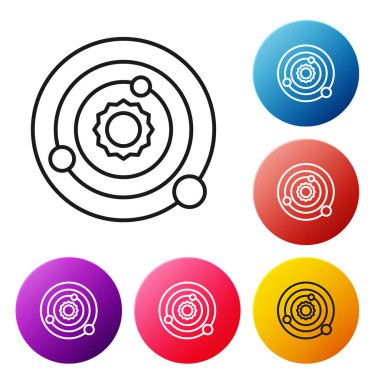 Siyah çizgi güneş sistemi simgesi beyaz arkaplanda izole edildi. Gezegenler yıldızın etrafında dönerler. Renkli daire düğmelerini ayarlayın. Vektör İllüstrasyonu