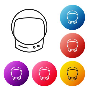 Siyah çizgi astronot başlığı simgesi beyaz arkaplanda izole edildi. Renkli daire düğmelerini ayarlayın. Vektör İllüstrasyonu