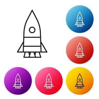 Siyah çizgi roket gemi simgesi beyaz arkaplanda izole edildi. Uzay yolculuğu. Renkli daire düğmelerini ayarlayın. Vektör İllüstrasyonu