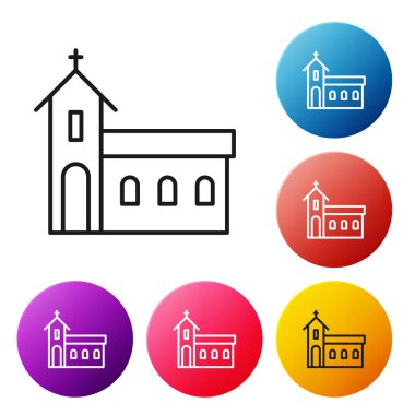 Siyah çizgi kilise binası ikonu beyaz arka planda izole edilmiş. Hıristiyan Kilisesi. Kilisenin dini. Renkli daire düğmelerini ayarlayın. Vektör İllüstrasyonu