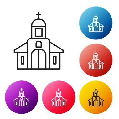 Siyah çizgi kilise binası ikonu beyaz arka planda izole edilmiş. Hıristiyan Kilisesi. Kilisenin dini. Renkli daire düğmelerini ayarlayın. Vektör İllüstrasyonu