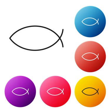 Siyah çizgi Hristiyan balık sembolü beyaz arka planda izole edilmiş. İsa 'nın balık sembolü. Renkli daire düğmelerini ayarlayın. Vektör İllüstrasyonu