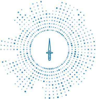 Mavi çizgi hançer simgesi beyaz arkaplanda izole edildi. Bıçak ikonu. Keskin bıçaklı kılıç. Soyut çember rastgele noktalar. Vektör İllüstrasyonu