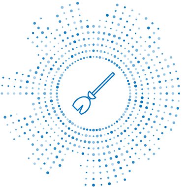 Mavi çizgi cadıları beyaz arka planda izole edilmiş süpürge ikonu. Mutlu Cadılar Bayramı Partisi. Soyut çember rastgele noktalar. Vektör İllüstrasyonu