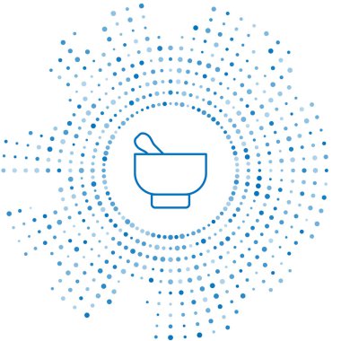 Mavi çizgi Sihirli havan ve tokmak ikonu beyaz arkaplanda izole edildi. Soyut çember rastgele noktalar. Vektör İllüstrasyonu