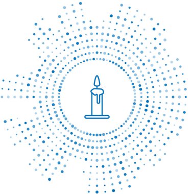 Mavi çizgi, mum yakma simgesi beyaz arkaplanda izole edilmiş. Silindirik mum çubuğu ve yanan ateş. Soyut çember rastgele noktalar. Vektör İllüstrasyonu
