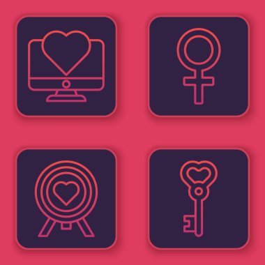 Bilgisayar monitörünü kalple, kalbi dartların merkezine, hedefi hedefle, kadın cinsiyet sembolünü ve anahtarı kalp şeklinde ayarla. Mavi kare düğme. Vektör