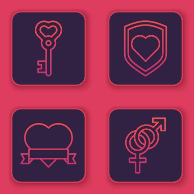 Kalp ve kurdele, kalkanlı ve cinsiyetli kalp. Mavi kare düğme. Vektör