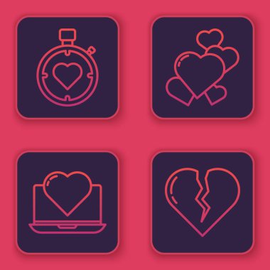 Kalp 'i kronometreye yerleştir. Laptop' u kalbe, kalbe ve kalbe yerleştir. Ya da boşanmaya. Mavi kare düğme. Vektör