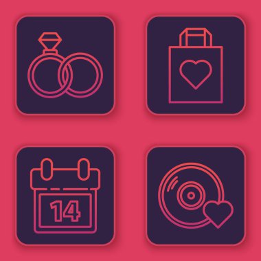 Set hattı alyansları, Takvim 14 Şubat, alışveriş çantası ve romantik müzik. Mavi kare düğme. Vektör