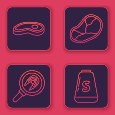 Biftek, tavada balık bifteği, biftek ve tuz. Mavi kare düğme. Vektör