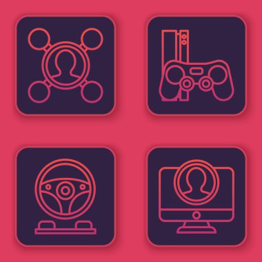 Satırı paylaş, Yarış Simülatörü kokpiti, Oyun konsolu joystick ile ve hesap ekranı oluştur. Mavi kare düğme. Vektör