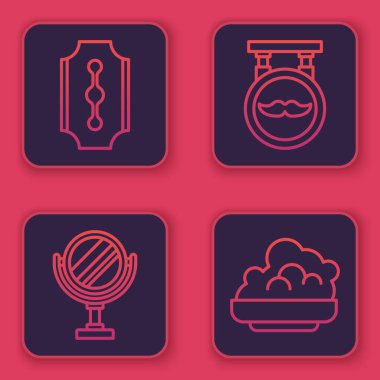 Jilet, yuvarlak makyaj aynası berber dükkanı ve tıraş jeli köpüğü. Mavi kare düğme. Vektör