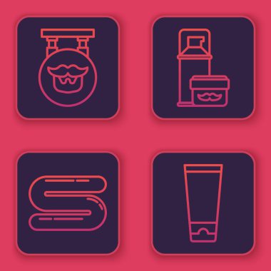 Berber dükkanı, havlu, tıraş jeli köpüğü, krem ya da losyon kozmetik tüpü. Mavi kare düğme. Vektör