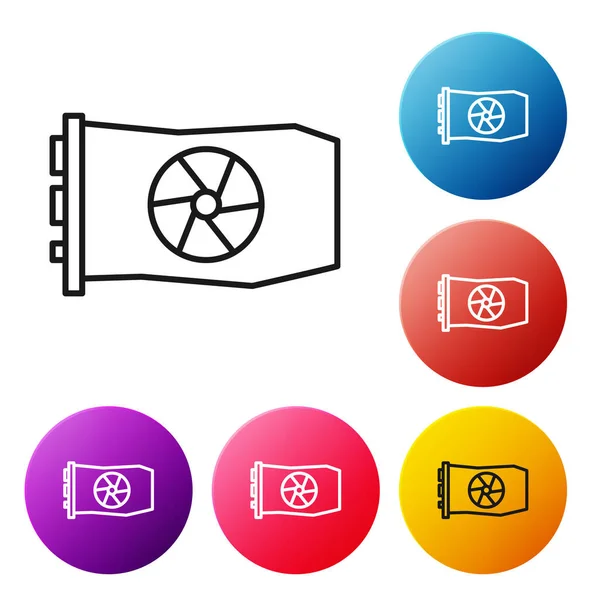 黑线视频图形卡图标隔离在白色背景上 设置彩色圆形按钮图标 病媒图解 — 图库矢量图片