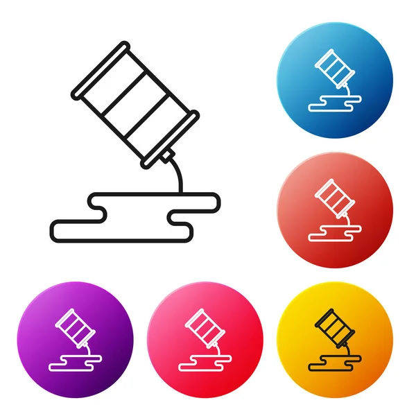 Zwarte Lijn Barrel Olie Lek Pictogram Geïsoleerd Witte Achtergrond Stel — Stockvector