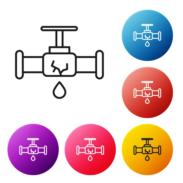 Linha Preta Tubo Metal Quebrado Com Ícone Água Vazando Isolado —  Vetores de Stock