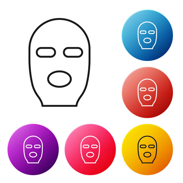 Черная линия Вор маска значок изолирован на белом фоне. Маска бандита, преступник. Настроить иконки красочные кнопки круга. Векторная миграция
