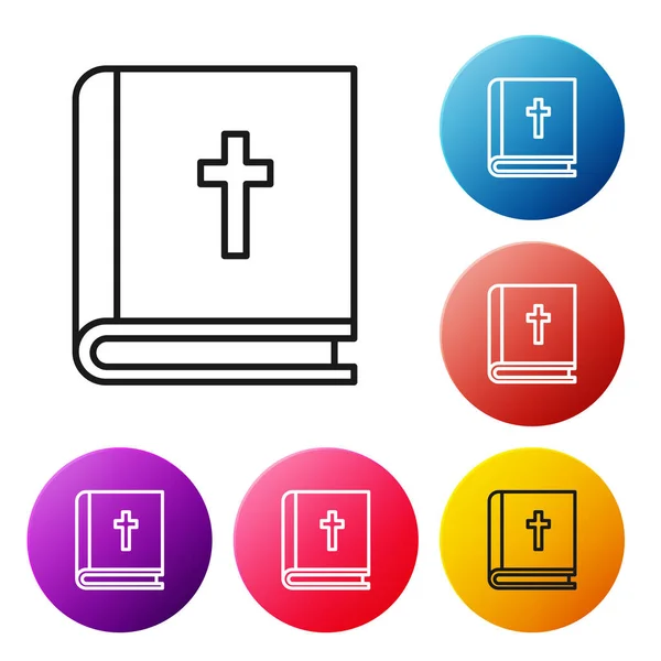 Black Line Holy Bible Book Icon Isolated White Background Set — Stock Vector
