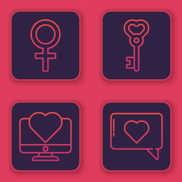 Набор линии женского пола символ, Компьютерный монитор с сердцем, Ключ в форме сердца и нравится и сердце. Синяя квадратная кнопка. Вектор
