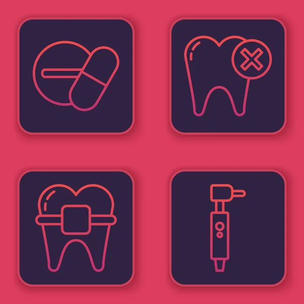 Réglez Pilule Comprimé Médecine Ligne Dents Avec Des Appareils Orthopédiques — Image vectorielle