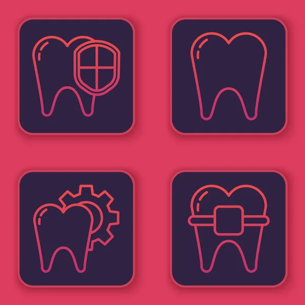 Установите Линию Стоматологическая Защита Процедура Лечения Зубов Зубы Зубы Брекетами — стоковый вектор