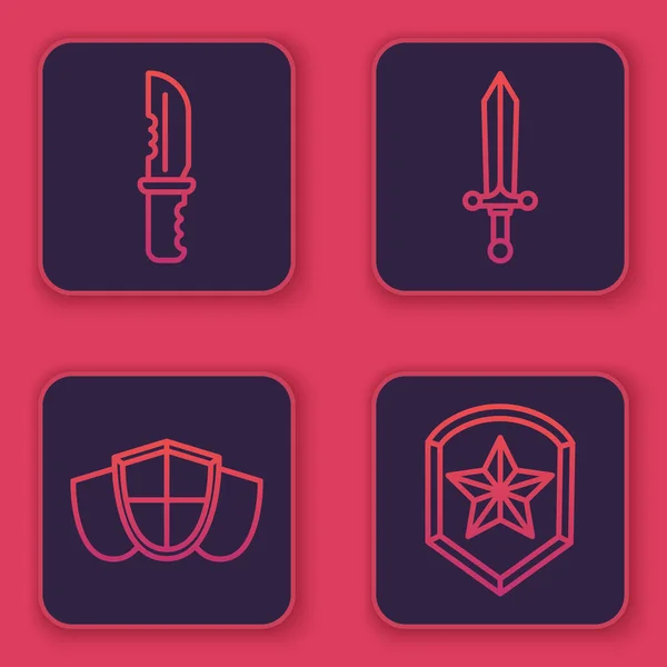 Aufstellung Militärmesser Schild Mittelalterliches Schwert Und Polizeiabzeichen Blauer Quadratischer Knopf — Stockvektor