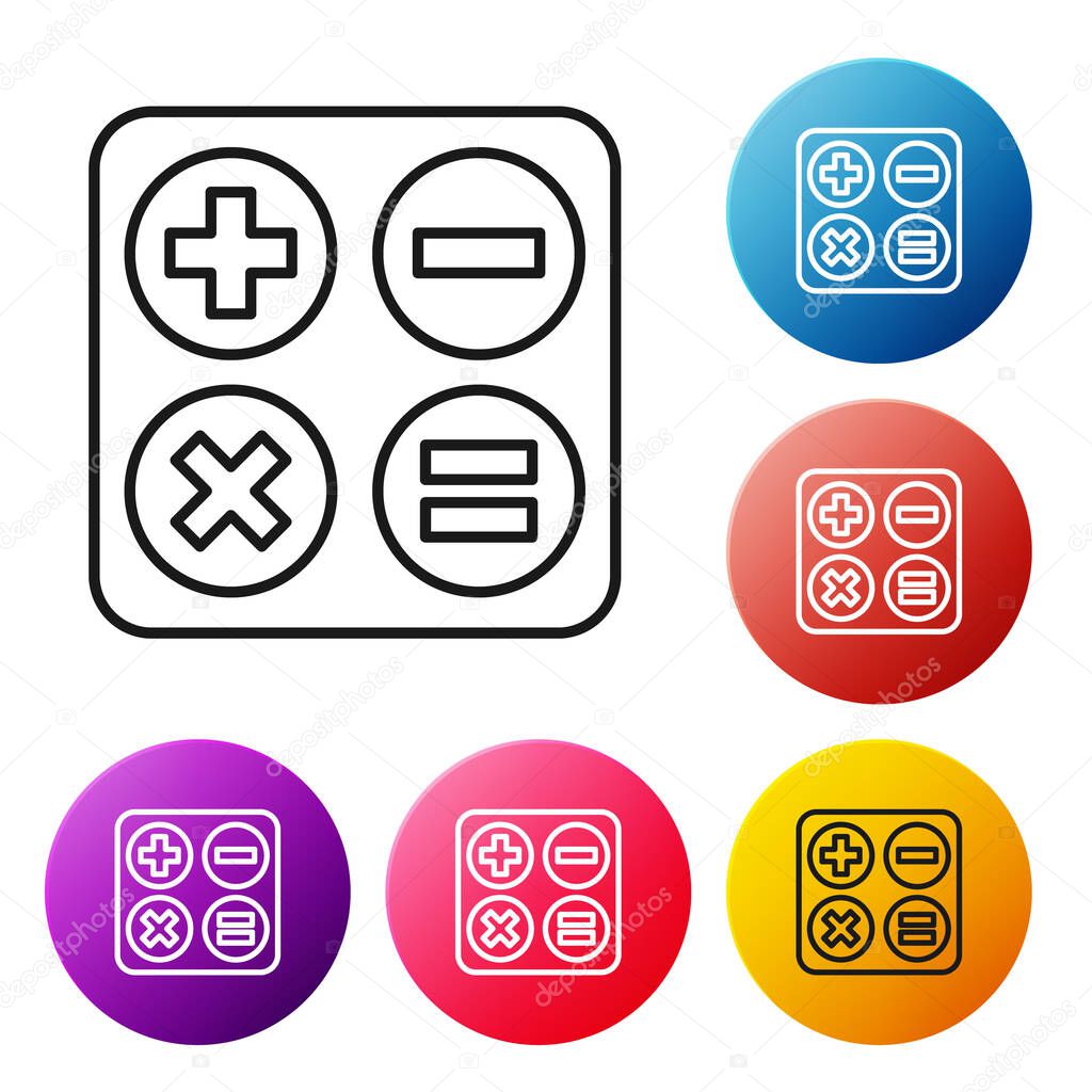 Black line Square root icon isolated on white background. Set icons colorful circle buttons. Vector Illustration