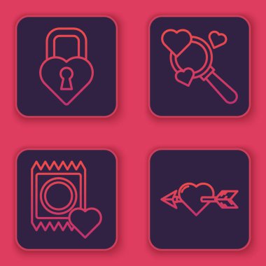 Kale 'yi kalp şeklinde, prezervatifi paket halinde, kalbi, aşkı ve Amour' u kalple ve okla arayın. Mavi kare düğme. Vektör