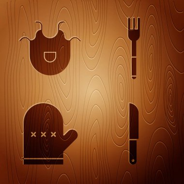 Bıçak, mutfak önlüğü, fırın eldiveni ve çatal, tahta arka planda. Vektör