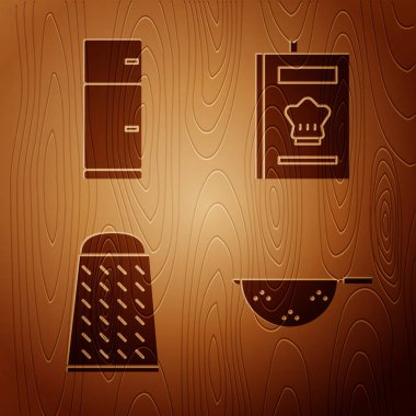 Mutfak süzgeci, Buzdolabı, Öğütücü ve Yemek Kitabı 'nı ahşap arka planda ayarla. Vektör