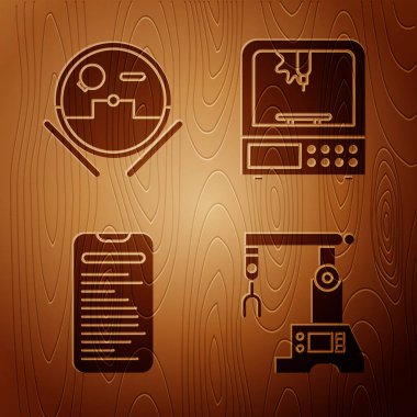 Montaj hattını, robot elektrik süpürgesini, bilgisayar api arayüzünü ve 3 boyutlu yazıcıyı tahta zemine ayarla. Vektör