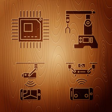 Uzaktan kumandalı hava aracı, mikro devreli işlemci, kablosuz kontrol mobese güvenlik kamerası ve ahşap arka planda montaj hattı ayarla. Vektör