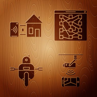 Kablosuz kontrol mobese güvenlik kamerası, akıllı ev, robot ve küresel teknoloji ya da sosyal ağı tahta arka planda ayarla. Vektör