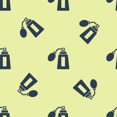 Atom ikonlu mavi tıraş losyonu sarı arka planda izole edilmiş pürüzsüz desen. Parfüm spreyi ikonu. Erkek parfüm şişesi. Vektör İllüstrasyonu