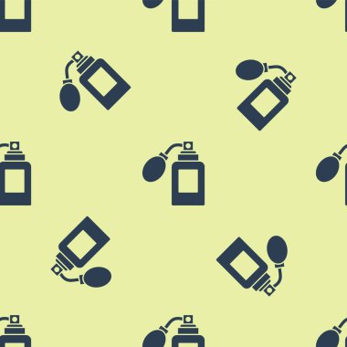 Atom ikonlu mavi tıraş losyonu sarı arka planda izole edilmiş pürüzsüz desen. Parfüm spreyi ikonu. Erkek parfüm şişesi. Vektör İllüstrasyonu