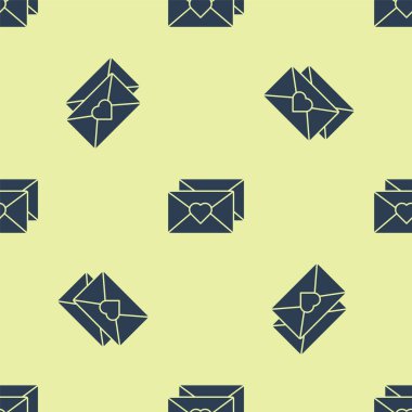 Sevgililer Günü kalp ikonlu mavi zarf sarı arkaplandaki kusursuz deseni izole etti. Mesaj aşkım. Aşk ve romantizm mektubu. Vektör İllüstrasyonu