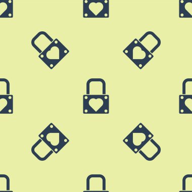 Mavi kilit ve kalp ikonu sarı arka planda kusursuz desen izole etti. Kilitli Kalp. Aşk sembolü ve anahtar deliği işareti. Sevgililer Günü sembolü. Vektör İllüstrasyonu