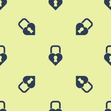 Mavi Kale, kalp simgesi şeklinde sarı arka planda izole edilmiş. Kilitli Kalp. Aşk sembolü ve anahtar deliği işareti. Sevgililer Günü. Vektör İllüstrasyonu