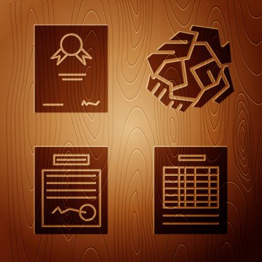 Rapor dosya belgesini, Sertifika şablonunu, doldurulmuş formu ve tahta zemin üzerinde buruşturulmuş kağıt topunu ayarla. Vektör