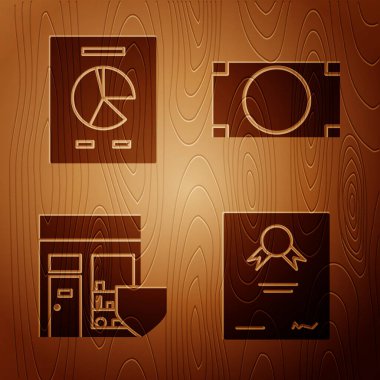 Sertifika şablonu, grafik grafikli belge, kalkanlı alışveriş binası ve tahta arka planda yığınla kağıt para. Vektör