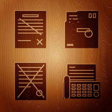 Faks makinesini ayarla, dosya belgesini sil, dosya belgesini sil ve ahşap arkaplanda sipariş edilmiş zarfı düzenle. Vektör