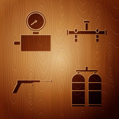 Aqualung, ölçü ölçeği, balıkçı zıpkını ve Manifold 'u tahta arka planda ayarla. Vektör