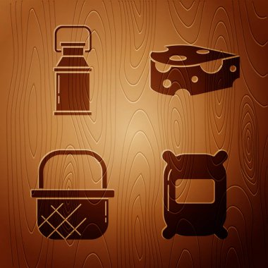 Bir torba un, süt için konteynır, ahşap arka planda alışveriş septi ve peynir. Vektör