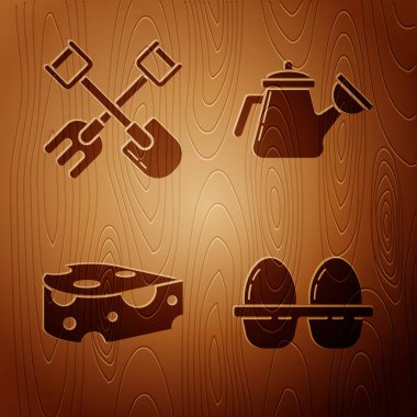 Tavuk yumurtasını kutuya koy, Kürek ve tırmık, Peynir ve Sulama kutusunu ahşap zemine koy. Vektör